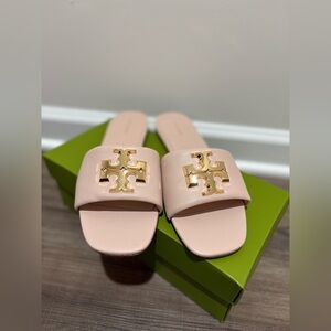 Tory Burch Eleanor Rose Pink Gold Leather Women Sandals Size 9.5